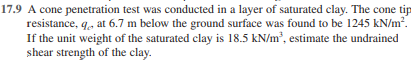 17.9 A cone penetration test was conducted in a layer of saturated clay. The cone tip
resistance, q, at 6.7 m below the ground surface was found to be 1245 kN/m2.
If the unit weight of the saturated clay is 18.5 kN/m, estimate the undrained
shear strength of the clay.
