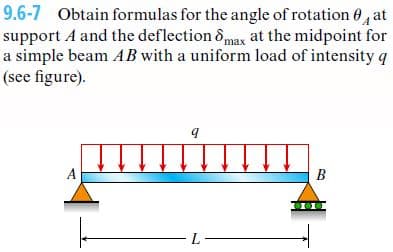 9.6-7 Obtain formulas for the angle of rotation 0, at
support A and the deflection &max at the midpoint for
a simple beam AB with a uniform load of intensity q
(see figure).
A
В
