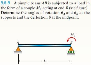 9.6-9 A simple beam AB is subjected to a load in
the form of a couple M, acting at end B (see figure).
Determine the angles of rotation 0, and 0g at the
supports and the deflection d at the midpoint.
Мо
A
B
L
