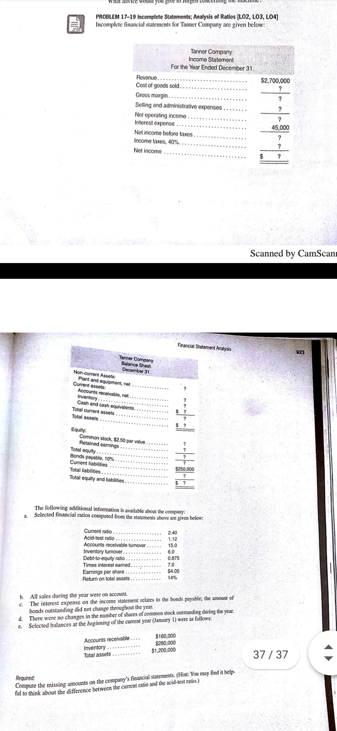 What advice would you give to Juirgen
PROBLEM 17-19 Incomplete Statements; Analysis of Ratios [LO2, LO3, L04]
Incomplete financial statements for Tanner Company are given below:
Tanner Company
Income Statement
For the Year Ended December 31
Revenue.
$2,700,000
Cost of goods sold..
Gross margin.
Selling and administrative expenses . .
?
Net operating income
Interest expense
45,000
Net income before taxes
?
Income taxes, 40%.
?
Net income
2$
?
Scanned by CamScanı
Financial Staterment Analysis
923
Tanner Company
Balance Sheet.
December 31
Non-current Assets:
Plant and equipment, net
Current assets:
Accounts receivable, net . .
Inventory..
Cash and cash equivalents.
Total current assets
$ ?
Total assets
$ ?
Equity:
Common stock, $2.50 par value
Retained earnings
Total equity . . ..
Bonds payable, 10%
Current liabilities
?
$250,000
Total liabilities.
?
Total equity and liabilities
$ ?
The following additional information is available about the company:
Selected financial ratios computed from the statements above are given below:
a.
Current ratio
2.40
Acid-test ratio
1.12
Accounts receivable turnover
15.0
Inventory turnover .
Debt-to-equity ratio
6.0
0.875
7.0
Times interest earned.
$4.05
Earnings per share
Return on total assets.
14%
b.
The interest expense on the income statement relates to the bonds payable; the amount of
bonds outstanding did not change throughout the year.
d. There were no changes in the number of shares of common stock outstanding during the year.
Selected balances at the beginning of the current year (January 1) were as follows:
All sales during the year were on account.
c.
C.
Accounts receivable . . .
Inventory
Total assets
$160,000
$280,000
$1,200,000
37 / 37
Required:
Compute the missing amounts on the company's financial statements, (Hint: You may find it help-
ful to think about the difference between the current ratio and the acid-test ratio.)
