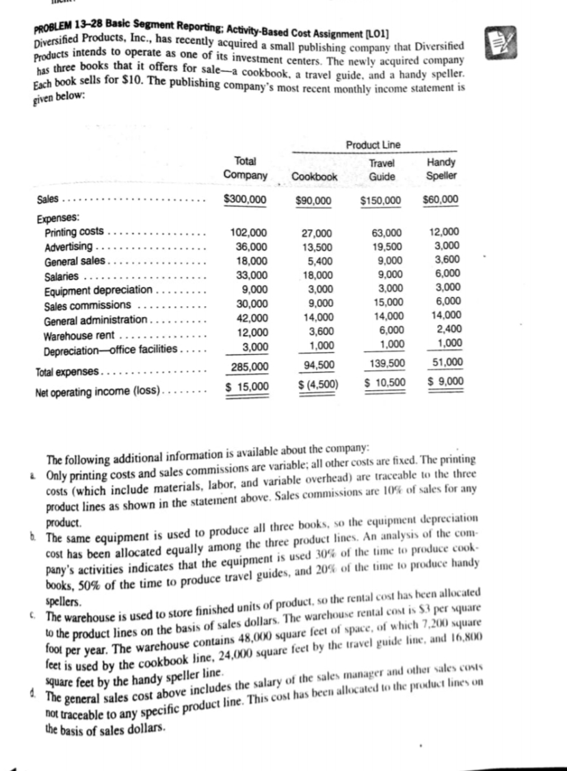 Diversified Products, Inc., has recently acquired a small publishing company that Diversified
eOBLEM 13-28 Basic Segment Reporting; Activity-Based Cost Assignment [LO1]
Ddacts intends to operate as one of its investment centers. The newly acquired company
us three books that it offers for sale-a cookbook, a travel guide, and a handy speller.
Cech book sells for $10. The publishing company's most recent monthly income statement is
given below:
Product Line
Total
Travel
Guide
Handy
Speller
Company
Cookbook
Sales
$300,000
$90,000
$150,000
$60,000
Expenses:
Printing costs
Advertising .
General sales.
Salaries
Equipment depreciation
Sales commissions
General administration.
102,000
36,000
27,000
63,000
19,500
9,000
9,000
12,000
13,500
5,400
18,000
3,000
9,000
14,000
3,000
18,000
3,600
6,000
3,000
6,000
33,000
9,000
3,000
30,000
15,000
14,000
6,000
1,000
42,000
14,000
Warehouse rent
12,000
3,600
2,400
1,000
Depreciation-office facilities
3,000
1,000
Total expenses.
285,000
94,500
139,500
51,000
Net operating income (loss).
$ 15,000
$ (4,500)
$ 10,500
$ 9,000
The following additional information is available about the company:
. Only printing costs and sales commissions are variable; all other costs are fixed. The printing
costs (which include materials, labor, and variable overhead) are traceable to the three
product lines as shown in the stateinent above. Sales commissions are 10% of sales for any
product.
* The same equipment is used to produce all three books, so the equipment depreciation
cost has been allocated equally among the three product lines. An analysis of the com-
pany's activities indicates that the equipment is used 30% of the time to produce cook-
books, 50% of the time to produce travel guides, and 20% of the time to produce handy
spellers.
* The warehouse is used to store finished units of product, so the rental cost has been allocated
to the product lines on the basis of sales dollars. The warehouse rental cost is $3 per square
10ol per year. The warehouse contains 48,000 square feet of space, of which 7,200 square
Ieet is used by the cookbook line, 24,000 square feet by the travel guide line, and 16,800
square feet by the handy speller line.
The general sales cost above includes the salary of the sales manager and other sales costs
not traceable to any specific product line. This cost has been allocated to the product lines on
the basis of sales dollars.
