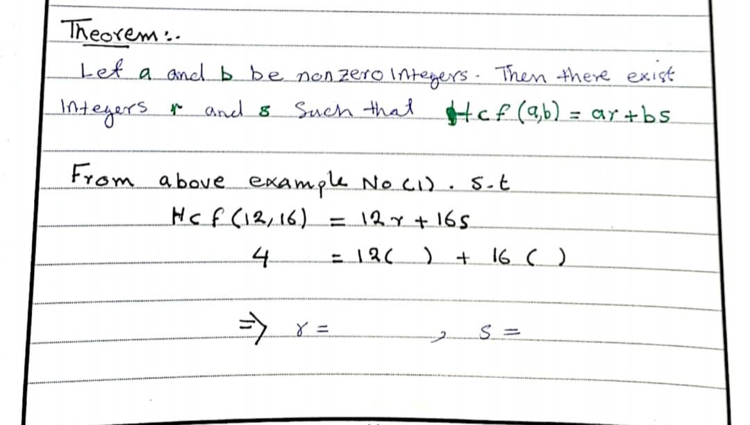 Theorem..
ket a anel b be nenzerointegers- Then there exist
Integers aned 8
Such that
Hcf (3b)
= artbs
From above example No cid. S.t
Hcf (12,16).
4.
= 12y + 16S.
+ 16 c)
と=
