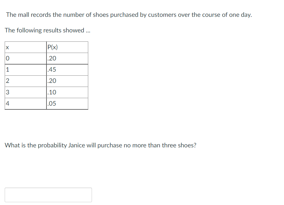 The mall records the number of shoes purchased by customers over the course of one day.
The following results showed ...
X
0
1
2
3
4
st
P(x)
.20
.45
.20
.10
.05
What is the probability Janice will purchase no more than three shoes?