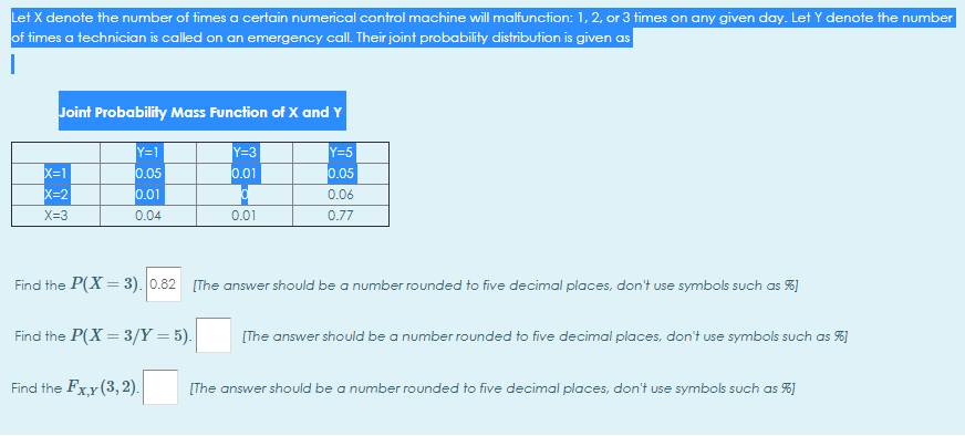 Let X denote the number of times a certain numerical control machine will malfunction: 1, 2, or 3 times on any given day. Let Y denote the number
of times a technician is called on an emergency call. Their joint probability distribution is given as
Joint Probability Mass Function of X and Y
Y=1
0.05
Y=5
0.05
Y=3
X=1
0.01
X=2
0.01
0.06
X=3
0.04
0.01
0.77
Find the P(X = 3). 0.82 [The answer should be a number rounded to five decimal places, don't use symbols such as %)
Find the P(X = 3/Y = 5).
[The answer should be a number rounded to five decimal places, don't use symbols such as %)
Find the Fxy(3, 2).
[The answer should be a number rounded to five decimal places, don't use symbols such as %]
