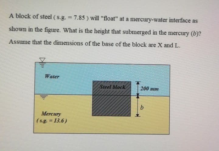 A block of steel ( s.g. = 7.85) will "float" at a mercury-water interface as
shown in the figure. What is the height that submerged in the mercury (b)?
Assume that the dimensions of the base of the block are X and L.
Water
Steel block
200 mm
b.
Mercury
(s.g. = 13.6)
