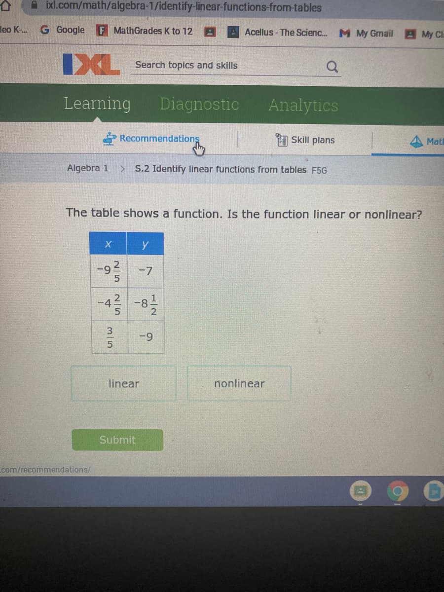 A ixl.com/math/algebra-1/identify-linear-functions-from-tables
leo K-..
G Google
F MathGrades K to 12
Acellus - The Scienc. M My Gmail
AMy Cla
IXL
Search topics and skills
Learning
Diagnostic
Analytics
Recommendations
1 Skill plans
A Math
Algebra 1
S.2 Identify linear functions from tables F5G
The table shows a function. Is the function linear or nonlinear?
| y
-92
-7
-4
-8
-9
5.
linear
nonlinear
Submit
com/recommendations/
