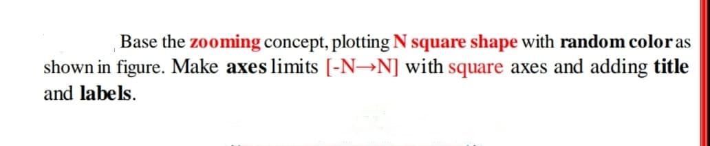 Base the zooming concept, plotting N square shape with random color as
shown in figure. Make axes limits [-N→N] with square axes and adding title
and labels.
