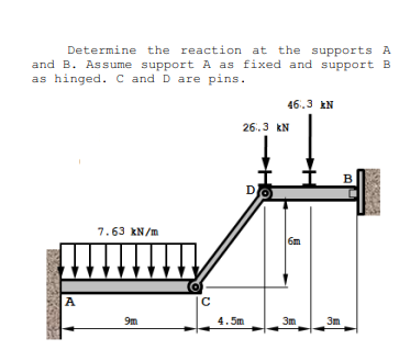 Determine the reaction at the supports A
and B. Assume support A as fixed and support B
as hinged. C and D are pins.
A
7.63 kN/m
9m
с
26.3 kN
4.5m
46.3 kN
D
6m
3m
3m
B