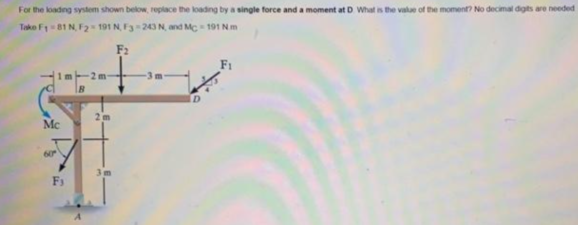 For the loading system shown below, replace the loading by a single force and a moment at D What is the vallue of the moment? No decimal digits are needed
Take F1 81 N, F2= 191 N, F3 = 243 N, and MC = 191 Nm
F2
1m
2 m
3 m
B
2 m
Mc
60
3m
F1
