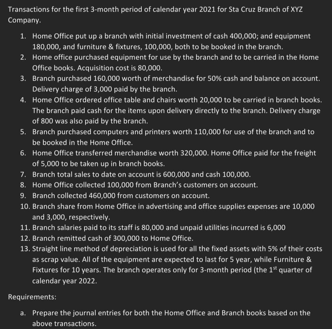 Transactions for the first 3-month period of calendar year 2021 for Sta Cruz Branch of XYZ
Company.
1. Home Office put up a branch with initial investment of cash 400,000; and equipment
180,000, and furniture & fixtures, 100,000, both to be booked in the branch.
2. Home office purchased equipment for use by the branch and to be carried in the Home
Office books. Acquisition cost is 80,000.
3. Branch purchased 160,000 worth of merchandise for 50% cash and balance on account.
Delivery charge of 3,000 paid by the branch.
4. Home Office ordered office table and chairs worth 20,000 to be carried in branch books.
The branch paid cash for the items upon delivery directly to the branch. Delivery charge
of 800 was also paid by the branch.
5. Branch purchased computers and printers worth 110,000 for use of the branch and to
be booked in the Home Office.
6. Home Office transferred merchandise worth 320,000. Home Office paid for the freight
of 5,000 to be taken up in branch books.
7. Branch total sales to date on account is 600,000 and cash 100,000.
8. Home Office collected 100,000 from Branch's customers on account.
9. Branch collected 460,000 from customers on account.
10. Branch share from Home Office in advertising and office supplies expenses are 10,000
and 3,000, respectively.
11. Branch salaries paid to its staff is 80,000 and unpaid utilities incurred is 6,000
12. Branch remitted cash of 300,000 to Home Office.
13. Straight line method of depreciation is used for all the fixed assets with 5% of their costs
as scrap value. All of the equipment are expected to last for 5 year, while Furniture &
Fixtures for 10 years. The branch operates only for 3-month period (the 1st quarter of
calendar year 2022.
Requirements:
a. Prepare the journal entries for both the Home Office and Branch books based on the
above transactions.
