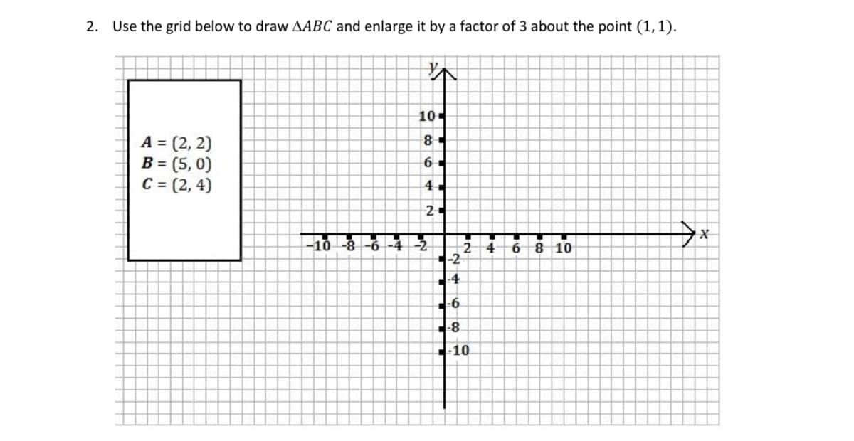 2. Use the grid below to draw AABC and enlarge it by a factor of 3 about the point (1,1).
A = (2, 2)
B = (5,0)
C = (2,4)
-10-8
10-
8
6
4
2
-2
-2
4
2
-6
-8.
-10
H
6 8 10
→x