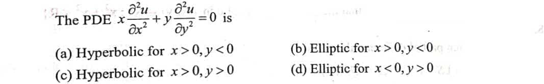 The PDE x
(a) Hyperbolic for x>0, y<0
(c) Hyperbolic for x>0, y>0
(b) Elliptic for x > 0, y<0
(d) Elliptic for x<0, y> 0
