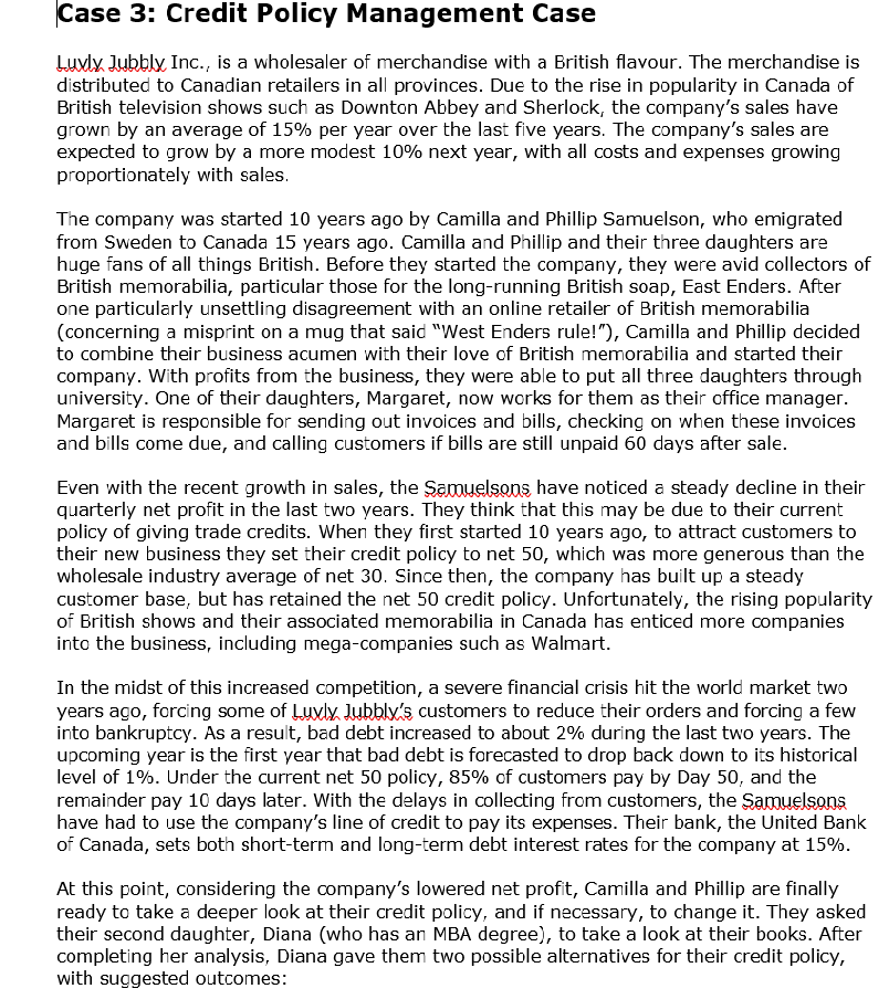 Case 3: Credit Policy Management Case
Luvly Jubbly Inc., is a wholesaler of merchandise with a British flavour. The merchandise is
distributed to Canadian retailers in all provinces. Due to the rise in popularity in Canada of
British television shows such as Downton Abbey and Sherlock, the company's sales have
grown by an average of 15% per year over the last five years. The company's sales are
expected to grow by a more modest 10% next year, with all costs and expenses growing
proportionately with sales.
The company was started 10 years ago by Camilla and Phillip Samuelson, who emigrated
from Sweden to Canada 15 years ago. Camilla and Phillip and their three daughters are
huge fans of all things British. Before they started the company, they were avid collectors of
British memorabilia, particular those for the long-running British soap, East Enders. After
one particularly unsettling disagreement with an online retailer of British memorabilia
(concerning a misprint on a mug that said "West Enders rule!"), Camilla and Phillip decided
to combine their business acumen with their love of British memorabilia and started their
company. With profits from the business, they were able to put all three daughters through
university. One of their daughters, Margaret, now works for them as their office manager.
Margaret is responsible for sending out invoices and bills, checking on when these invoices
and bills come due, and calling customers if bills are still unpaid 60 days after sale.
Even with the recent growth in sales, the Samuelsons have noticed a steady decline in their
quarterly net profit in the last two years. They think that this may be due to their current
policy of giving trade credits. When they first started 10 years ago, to attract customers to
their new business they set their credit policy to net 50, which was more generous than the
wholesale industry average of net 30. Since then, the company has built up a steady
customer base, but has retained the net 50 credit policy. Unfortunately, the rising popularity
of British shows and their associated memorabilia in Canada has enticed more companies
into the business, including mega-companies such as Walmart.
In the midst of this increased competition, a severe financial crisis hit the world market two
years ago, forcing some of Luvly. Jubbly's customers to reduce their orders and forcing a few
into bankruptcy. As a result, bad debt increased to about 2% during the last two years. The
upcoming year is the first year that bad debt is forecasted to drop back down to its historical
level of 1%. Under the current net 50 policy, 85% of customers pay by Day 50, and the
remainder pay 10 days later. With the delays in collecting from customers, the Samuelsons
have had to use the company's line of credit to pay its expenses. Their bank, the United Bank
of Canada, sets both short-term and long-term debt interest rates for the company at 15%.
At this point, considering the company's lowered net profit, Camilla and Phillip are finally
ready to take a deeper look at their credit policy, and if necessary, to change it. They asked
their second daughter, Diana (who has an MBA degree), to take a look at their books. After
completing her analysis, Diana gave them two possible alternatives for their credit policy,
with suggested outcomes: