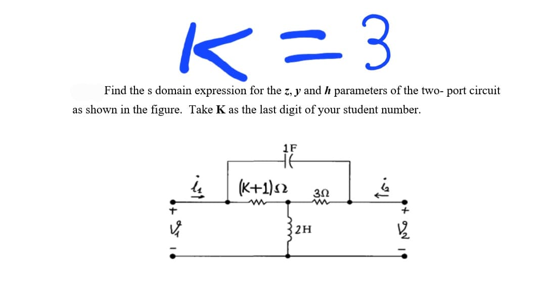 k=3
Find the s domain expression for the z, y and h parameters of the two- port circuit
as shown in the figure. Take K
the last digit of your student number.
1F
(K+1)s2
32
2H
