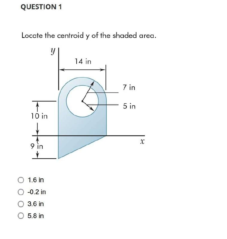 QUESTION 1
Locate the centroid y of the shaded area.
↑
10 in
9 in
O 1.6 in
O -0.2 in
3.6 in
5.8 in
14 in
7 in
5 in
४