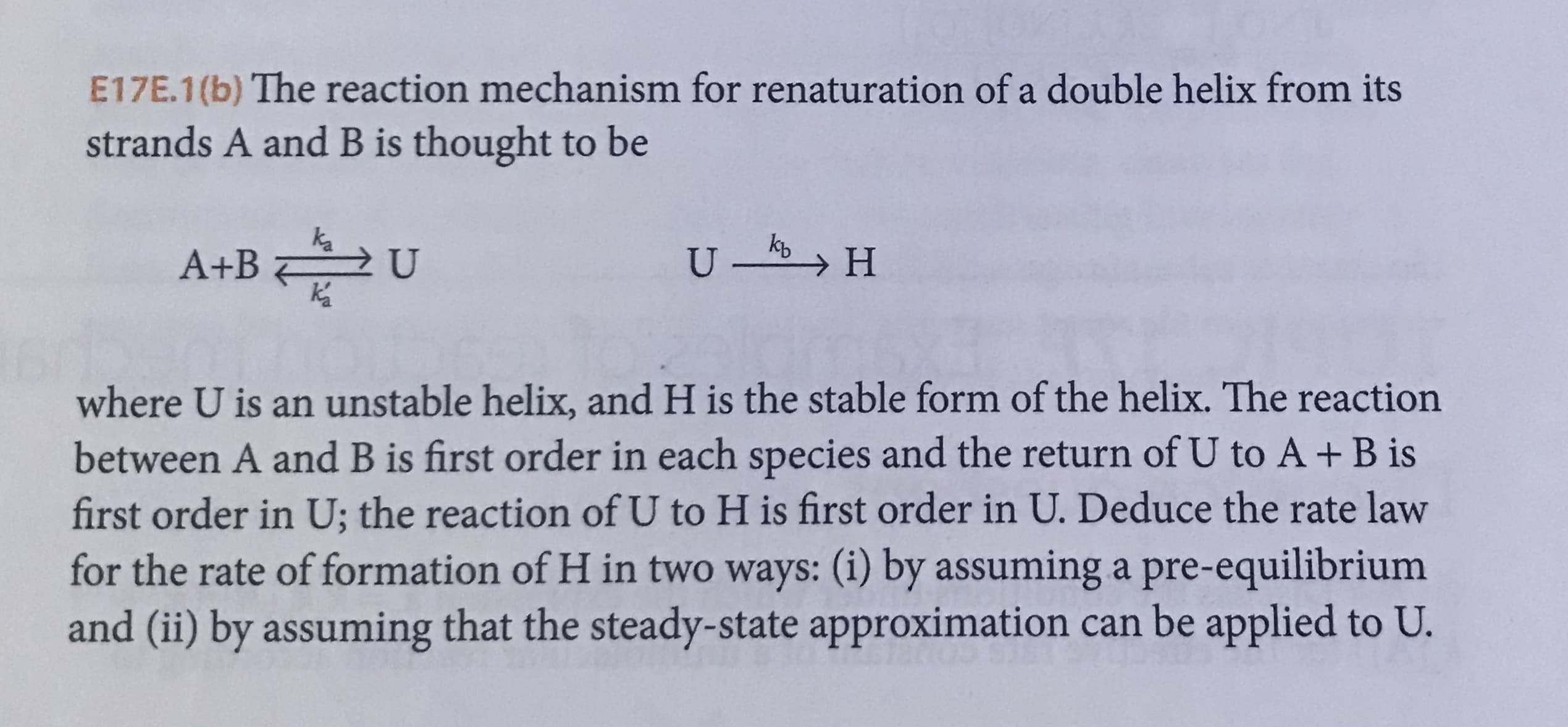 E17E.1(b) The reaction mechanism for renaturation of a double helix from its
strands A and B is thought to be
ka
A+B
kb
U - H
where U is an unstable helix, and H is the stable form of the helix. The reaction
between A and B is first order in each species and the return of U to A + B is
first order in U; the reaction of U to H is first order in U. Deduce the rate law
for the rate of formation of H in two ways: (i) by assuming a pre-equilibrium
and (ii) by assuming that the steady-state approximation can be applied to U.
