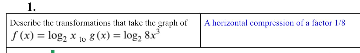 1.
Describe the transformations that take the graph of
A horizontal compression of a factor 1/8
f (x) = log, x to 8 (x) = log, 8x°
%3D
