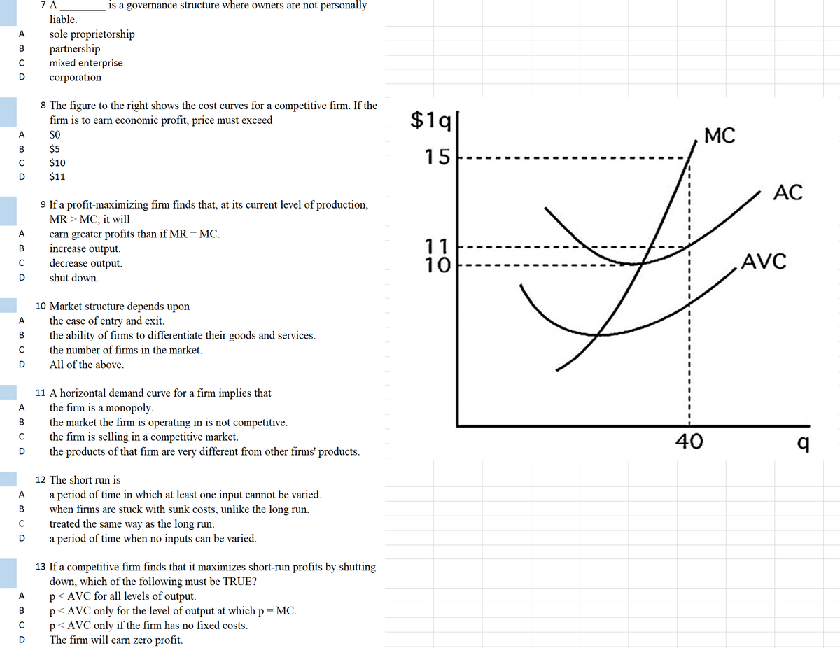 7 A
is a governance structure where owners are not personally
liable.
sole proprietorship
partnership
mixed enterprise
A
corporation
8 The figure to the right shows the cost curves for a competitive firm. If the
firm is to earn economic profit, price must exceed
$1q|
$0
MC
A
В
$5
15
C
$10
$11
AC
9 If a profit-maximizing firm finds that, at its current level of production,
MR > MC, it will
earn greater profits than if MR = MC.
increase output.
decrease output.
A
11
10
AVC
shut down.
10 Market structure depends upon
the ease of entry and exit.
the ability of firms to differentiate their goods and services.
A
the number of firms in the market.
All of the above.
11 A horizontal demand curve for a firm implies that
the firm is a monopoly.
the market the firm is operating in is not competitive.
the firm is selling in a competitive market.
the products of that firm are very different from other firms' products.
A
40
12 The short run is
a period of time in which at least one input cannot be varied.
when firms are stuck with sunk costs, unlike the long run.
A
В
C
treated the same way as the long run.
a period of time when no inputs can be varied.
13 If a competitive firm finds that it maximizes short-run profits by shutting
down, which of the following must be TRUE?
p< AVC for all levels of output.
p< AVC only for the level of output at which p= MC.
p< AVC only if the firm has no fixed costs.
The firm will earn zero profit.
A
В
C
D
