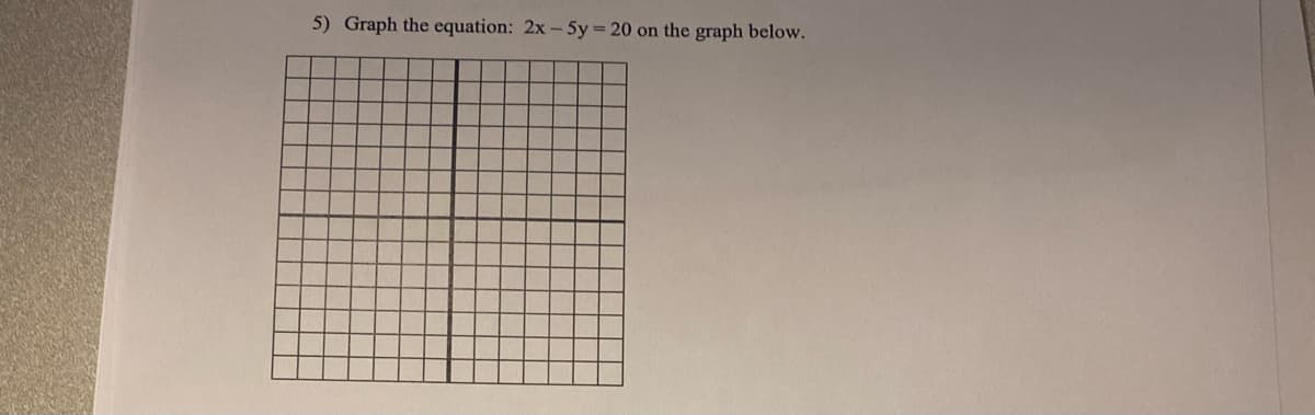 5) Graph the equation: 2x - 5y = 20 on the graph below.