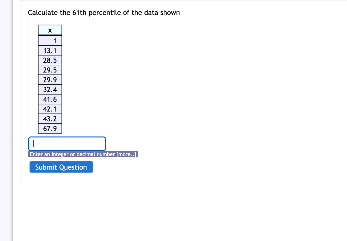 Calculate the 61th percentile of the data shown
1
13.1
28.5
29.5
29.9
32.4
41.6
42.1
43.2
67.9
Enter an integer or decimal number [more..]
Submit Question
