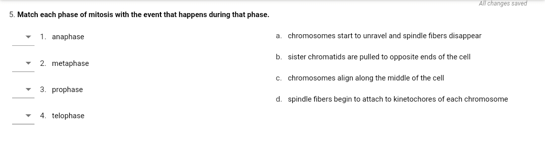 All changes saved
5. Match each phase of mitosis with the event that happens during that phase.
1. anaphase
a. chromosomes start to unravel and spindle fibers disappear
sister chromatids are pulled to opposite ends of the cell
2. metaphase
C.
chromosomes align along the middle of the cell
3. prophase
d. spindle fibers begin to attach to kinetochores of each chromosome
4. telophase
