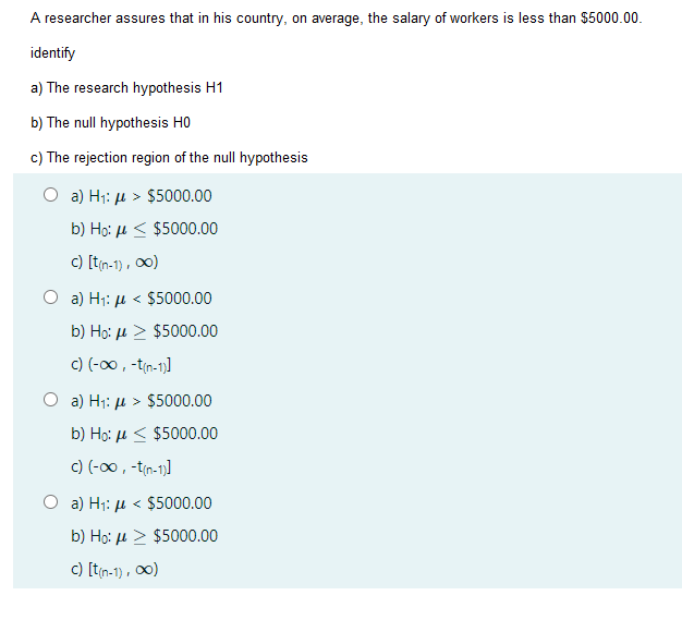 A researcher assures that in his country, on average, the salary of workers is less than $5000.00.
identify
a) The research hypothesis H1
b) The null hypothesis H0
c) The rejection region of the null hypothesis
O a) H1: u > $5000.00
b) Họ: u < $5000.00
c) [tin-1) , 0)
O a) H1: µ < $5000.00
b) Họ: u > $5000.00
c) (-00, -tin-1)]
a) H1: µ > $5000.00
b) Ho: μ< $5000.00
c) (-00 , -t{n-1)]
a) H1: µ < $5000.00
b) Họ: u > $5000.00
c) [tin-1) , 0)
