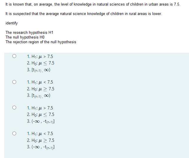 It is known that, on average, the level of knowledge in natural sciences of children in urban areas is 7.5.
It is suspected that the average natural science knowledge of children in rural areas is lower.
identify
The research hypothesis H1
The null hypothesis HO
The rejection region of the null hypothesis
1. Hi: д > 7.5
2. Но: а < 7.5
3. [t(n-1), 0)
1. Η: μ < 7.5
2. Hos μ > 7.5
3. [tin-1), 0)
1. Η: μ > 7.5
2. Ho: д < 7.5
3. (-00, -t(n-1)]
1. Η: μ< 7.5
2. Họ: u > 7.5
3. (-00, -tn-1)]
