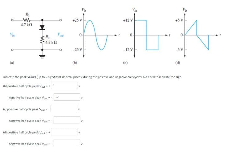 Vin
(a)
R₁
A
4.7k2
R₂
4.7 k2
negative half cycle peak Vout
(c) positive half cycle peak Vout - +
negative half cycle peak Vout
Vout
(d) positive half cycle peak Vout+
negative half cycle peak Vout--
+25 V
10
A
25 N
(b)
+12V
Indicate the peak values (up to 2 significant decimal places) during the positive and negative half cycles. No need to indicate the sign.
(b) positive half cycle peak Vout= + 3
V
0-
-12V
(c)
+5 V
5 N
(d)