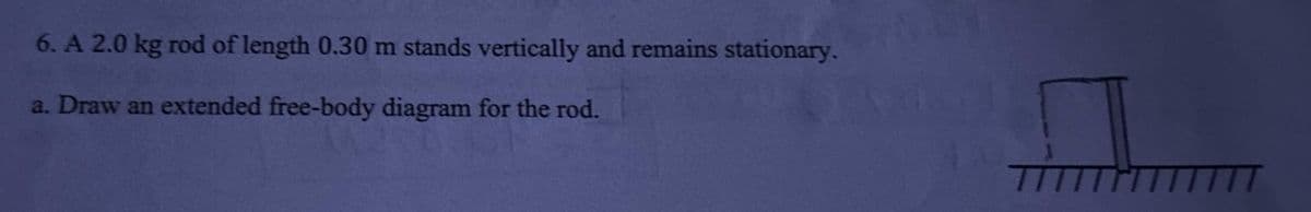 6. A 2.0 kg rod of length 0.30 m stands vertically and remains stationary.
a. Draw an extended free-body diagram for the rod.