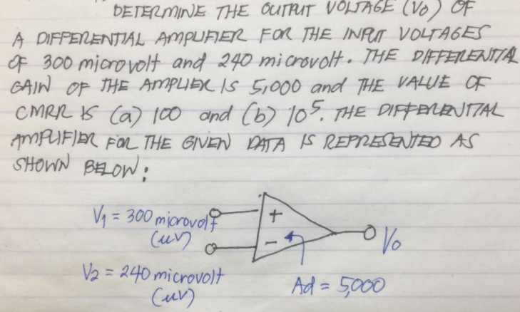 DETERMINE THE OUTRUT VOLTAGE (VO) OF
A DIFFENENTIAL AMPUFIER FOR THE INPU VOLTAGES
F 300 miorovolt and 240 microvolt. THE DIFFEILENTTAL
GAIN OF THE AMPLIEL IS 5,000 and THE VALUE OF
CMRR S Ca) 100 dnd (b) 105 THE DIFFELENTAL
MPUFIER FOR THE GIVEN DATA S REPRESENTED AS
SHOWN BELOW:
V = 300 miorovolf
(un
%3D
V2 = 240 microvolt
%3D
Ad = 5,000
%3)
