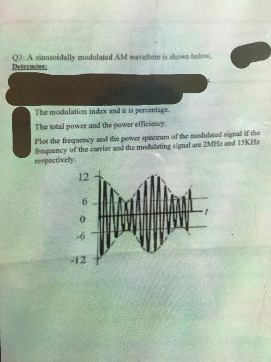 Q3: A sinusoidally modulated AM waveform is shown below,
Determine:
The modulation index and it is percentage.
The total power and the power efficiency.
Plot the frequency and the power spectrum of the modulated signal if the
frequency of the carrier and the modulating signal are 2MHz and 15KHz
respectively.
12
6
0
-6
-12