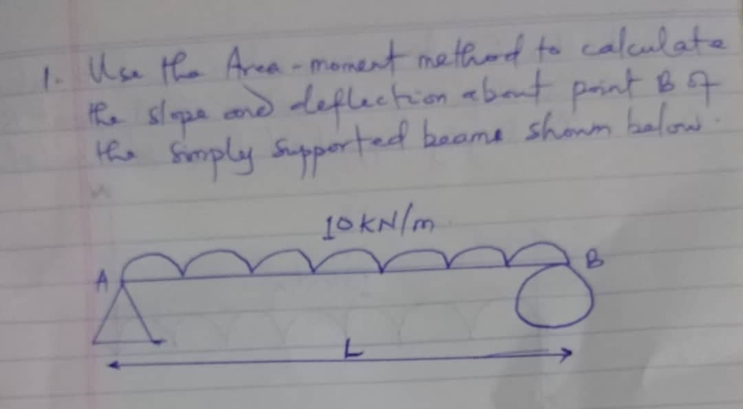 1. Use the Area - monent methond to calculate
the slopa cond deflection about print BA
beame shonm
he Simply Supported balow
10 KN/m
