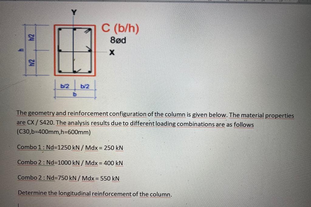 C (b/h)
8ød
b/2
b/2
The geometry and reinforcement configuration of the column is given below. The material properties
are CX/S420. The analysis results due to different loading combinations are as follows
(C30,b=400mm,h%3D600mm)
Combo 1: Nd%3D1250 kN / Mdx = 250 kN
Combo 2: Nd%3D1000 kN / Mdx = 400 kN
Combo 2: Nd%3D750 kN / Mdx = 550 kN
Determine the longitudinal reinforcement of the column.
