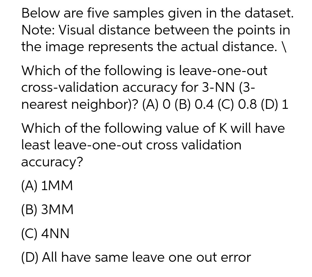 Below are five samples given in the dataset.
Note: Visual distance between the points in
the image represents the actual distance. \
Which of the following is leave-one-out
cross-validation accuracy for 3-NN (3-
nearest neighbor)? (A) 0 (B) 0.4 (C) 0.8 (D) 1
Which of the following value of K will have
least leave-one-out cross validation
accuracy?
(A) 1MM
(B) 3MM
(C) 4NN
(D) All have same leave one out error