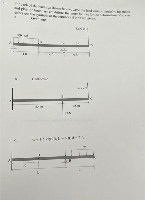 2.
For each of the loadings shown below, write the load using singularity functions
and give the boundary conditions that must be met for the deformation. You can
either use the symbols or the numbers if both are given.
a.
Overhang
3200 Ib
300 lb/ft
A
B
4 ft
4 ft
4 ft
b.
Cantilever
4.5 kN
B
A
2.4 m
1.8 m
3 kN
w = 1.5 kips/ft, L=4 ft, d= 2 ft
с.
D
A
c B
L/2
