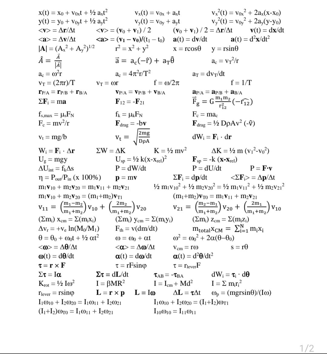 x(t) = x0 + Voxt + ½ axt²
y(t) = yo + Voyt + ½ ayt²
Vx (t) = Vox? + 2ax(x-xo)
Vy (t) = Voy + 2a,(y-yo)
v(t) = dx/dt
a(t) = d?x/dt?
Vx(t) = Vox + axt
Vy(t) = Voy + ayt
<V> = (vo + V1) / 2
<a> = (V1 – Vo)/(tj – to)
r = x² + y?
(Vo + V1) / 2 = Ar/At
a(t) = dv/dt
x = rcose
<V> = Ar/At
<a> = Av/At
|A| = (A,? + A,?)2
Â = A
y = rsin0
a = ac(-f) + arê®
ac = Vr/r
a. = m²r
VT = (2nr)/T
ac = 4n°r/T?
ar = dvf/dt
VT = or
f = o/2n
f = 1/T
rP/A = rP/B + rB/A
VP/A = VP/B + VB/A
ap/A = ap/B + aB/A
m, m2
EF¡ = ma
F12 = -F21
= G
(-12)
fs,max = lsFN
F = mv²/r
fk = µkFN
Fe = mac
Fdrag
= -by
Fdrag = ½ DpAv² (-8)
2mg
Vt = mg/b
Vt =
dW; = F; · dr
Wi = F; · Ar
Ug = mgy
AUint = fgAs
n = Pout/Pin (X 100%)
V DpA
K = ½ mv?
Usp = ½ k(x-xrel)?
P = dW/dt
AK = ½ m (v1²-vo²)
Fsp = -k (x-Xrel)
P = dU/dt
= dp/dt
ΣW ΔΚ
P = F•v
<ΣF-Δp/Δt
p= mv
miv10 + m2v20 = m¡v11 + m2V21
½ miV10? + ½ m2V20? = ½ m¡V11? + ½ m2v21?
m¡V10 + m2v20 = (m¡+m2)VTI
(mi+m2)VT0 = m¡Vj1 + m2V21
(m2-m1
m,+m2
(Em;) Zem = E(m;z;)
(mi-m2) V10 +
m1+m2/
2m2
2m1
V11
V20
V21 =
V20 +
|V10
\m,+m2/
(Σm) xem- Σ(mx )
Av, = +Ve In(M/M¡)
0 = 0o + @ot + ½ at²
\m,+m2/
(Σm ) yem Σ(my )
Fth = v(dm/dt)
mtotalXCM =
o? = 00? + 2a(0–0)
@ = Wo + at
<a> = A@/At
<@> = AÐ/At
Vcm = ro
S = r0
a(t) = d²0/dt?
T = rleverF
TAB = -TBA
I= Iem + Md²
@(t) = d0/dt
a(t) = d@/dt
T = rFsino
Et = dL/dt
I = BMR?
L =r xp
T =r x F
dW; = t;· de
I= E m,r;?
Op = (mgrsin0)/(Io)
Στ-Ια
Krot = ½ Io?
rjever = rsino
I010 + I2020 = I011 + I2021
(I1+I2)@ro = I10i1 + I2@21
L = Io
ΔL TΔt
I010 + I2020 = (I1+I2)@T1
I10010 = I1101
1/2
