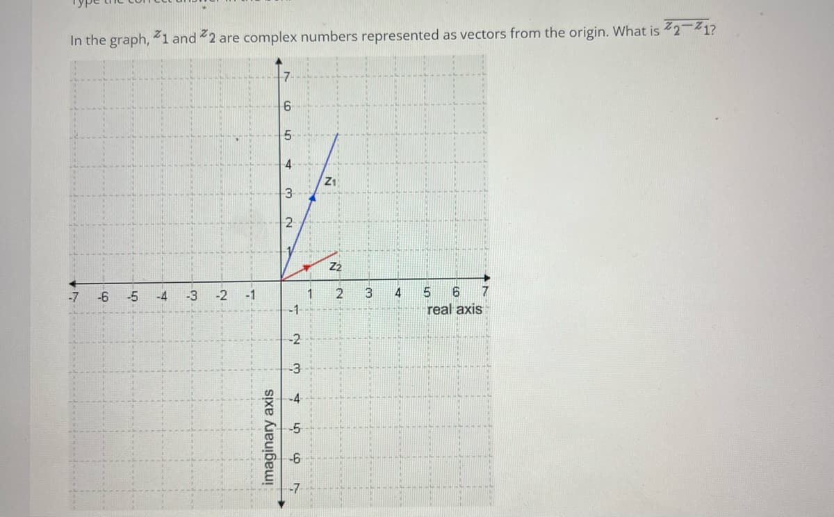 In the graph, 1 and 2 are complex numbers represented as vectors from the origin. What is 2-1?
4-
Z1
Z2
-7
-6
-5
-4
-3
-2
-1
1
2
3
4
7.
-1-
real axis
-2
-3
-7
imaginary axis
