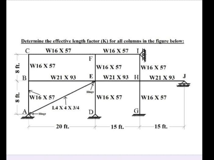 Determine the effective length factor (K) for all columns in the figure below:
W16 X 57
W16 X 57 I
F
W16 X 57
W16 X 57
W16 X 57
B
W21 X 93
E
W21 X 93 H
W21 X 93 J
Hlage
W16 X 57
W16 X 57
W16 X 57
A
L4 X 4 X 3/4
D
G
Hinge
20 ft.
15 ft.
15 ft.
8 ft.
8 ft.
