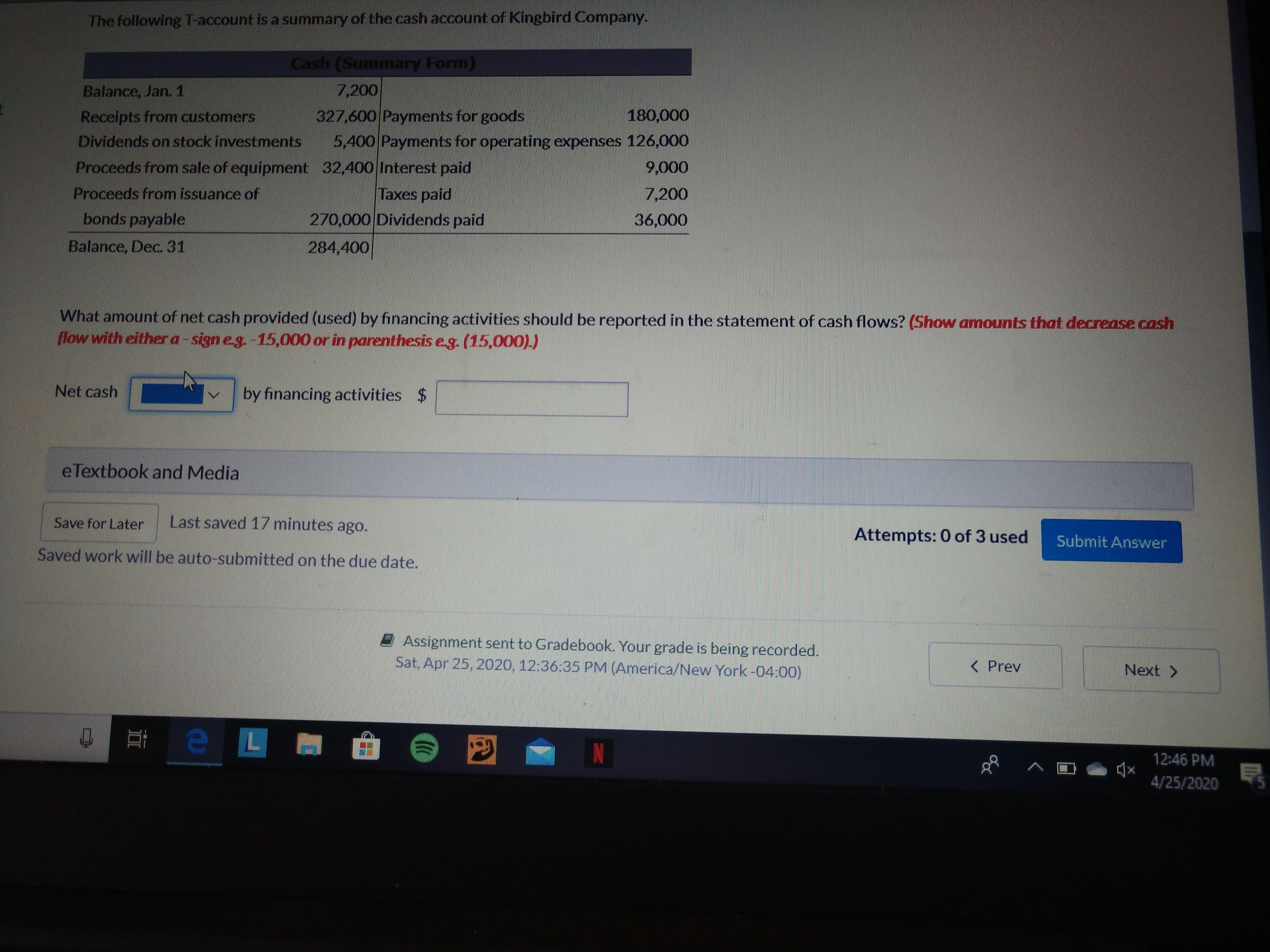 The following T-account is a summary of the cash account of Kingbird Company.
Cash (Summary Form)
Balance, Jan.1
7,200
Receipts from customers
327,600 Payments for goods
180,000
Dividends on stock investments
5,400 Payments for operating expenses 126,000
Proceeds from sale of equipment 32,400 Interest paid
9,000
Proceeds from issuance of
Taxes paid
7,200
bonds payable
270,000 Dividends paid
36,000
Balance, Dec. 31
284,400
What amount of net cash provided (used) by financing activities should be reported in the statement of cash flows? (Show amounts that decrease cash
flow with eithera-sign eg-15,000 or in parenthesis eg. (15,000).)
Net cash
by financing activities $
e Textbook and Media
Save for Later
Last saved 17 minutes ago.
Attempts: 0 of 3 used
Submit Answer
Saved work will be auto-submitted on the due date.
E Assignment sent to Gradebook. Your grade is being recorded.
Sat, Apr 25, 2020, 12:36:35 PM (America/New York -04:00)
( Prev
Next >
由
12:46 PM
4/25/2020
