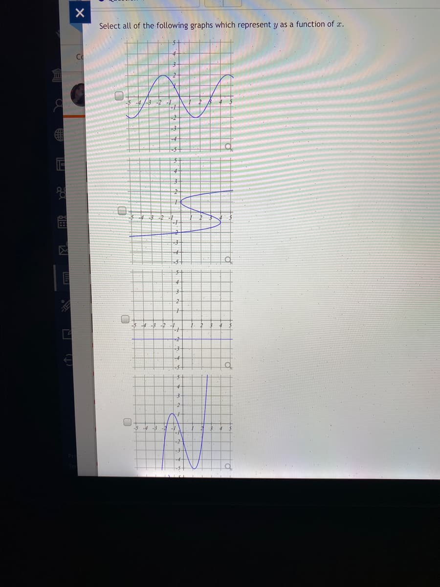 Select all of the following graphs which represent y as a function of x.
111I
-4
5-
43 -2
-5
-5 -4
