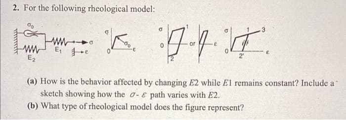 2. For the following rheological model:
w
E2
2"
(a) How is the behavior affected by changing E2 while El remains constant? Include a
sketch showing how the o-E path varies with E2.
(b) What type of rheological model does the figure represent?
