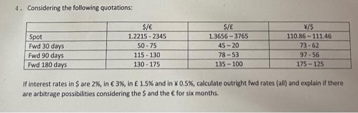 4. Considering the following quotations:
$/ €
$/E
X/S
1.3656-3765
110.86-111.46
Spot
Fwd 30 days
1.2215-2345
50-75
45-20
73-62
Fwd 90 days
115-130
78-53
97-56
Fwd 180 days
130-175
135-100
175-125
If interest rates in $ are 2%, in € 3%, in £ 1.5% and in x 0.5%, calculate outright fwd rates (all) and explain if there
are arbitrage possibilities considering the $ and the € for six months.