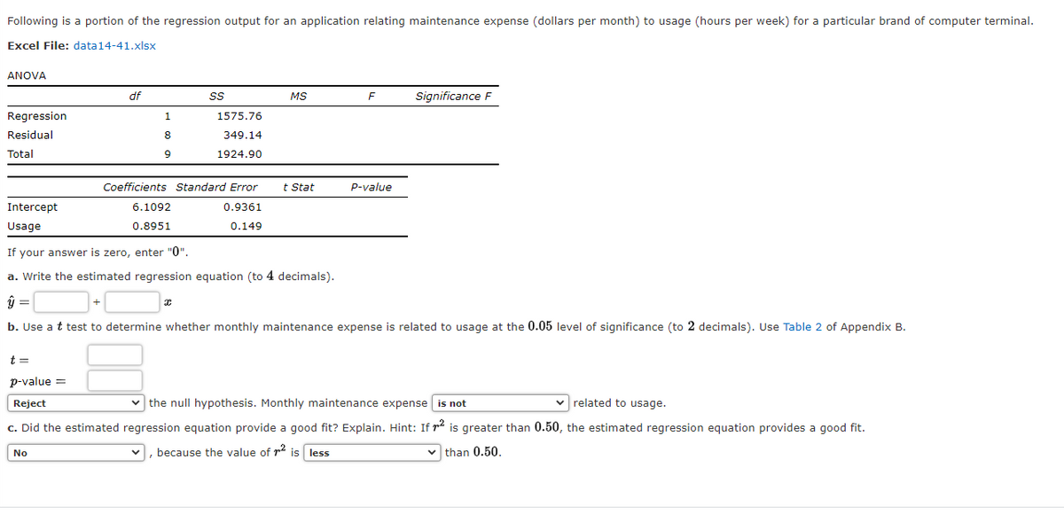 Following is a portion of the regression output for an application relating maintenance expense (dollars per month) to usage (hours per week) for a particular brand of computer terminal.
Excel File: data14-41.xlsx
ANOVA
df
Ss
MS
F
Significance F
Regression
1.
1575.76
Residual
8
349.14
Total
1924.90
Coefficients Standard Error
t Stat
P-value
Intercept
6.1092
0.9361
Usage
0.8951
0.149
If your answer is zero, enter "0".
a. Write the estimated regression equation (to 4 decimals).
b. Use a t test to determine whether monthly maintenance expense is related to usage at the 0.05 level of significance (to 2 decimals). Use Table 2 of Appendix B.
t =
p-value =
Reject
v the null hypothesis. Monthly maintenance expense is not
v related to usage.
c. Did the estimated regression equation provide a good fit? Explain. Hint: If p2 is greater than 0.50, the estimated regression equation provides a good fit.
, because the value of pl is less
v than 0.50.
No
