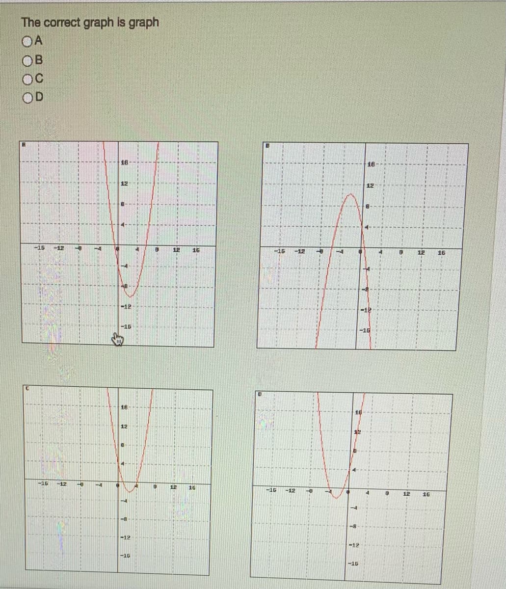 The correct graph is graph
OA
16-
18
12
12
8.
-15
-12
4.
12
16
-15
-12
14
12
16
-12
-16
6
-16
18
16
12
-16
-12
-4
12
16
-16
-12
4
12
16
-4
-4
-8
-12
-12
-16
-16
8888
