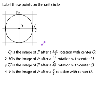 Label these points on the unit circle:
0
rotation with center O.
rotation with center O.
1. Q is the image of P after a 11
2. R. is the image of P after a
3. U is the image of P after a
4. V is the image of P after a
2x
rotation with center O.
3
rotation with center O.