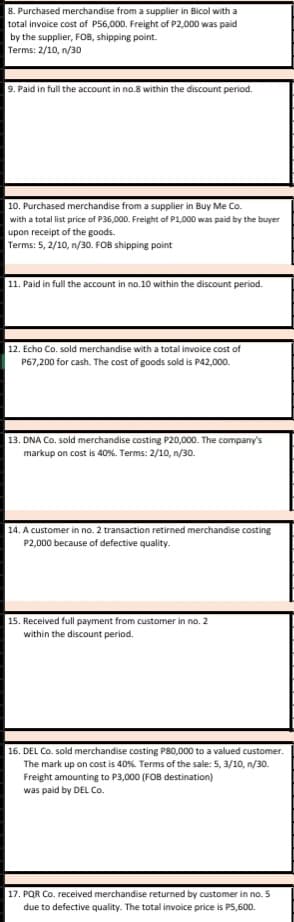 8. Purchased merchandise from a supplier in Bicol with a
total invoice cost of P56,000. Freight of P2,000 was paid
by the supplier, FOB, shipping point.
Terms: 2/10, n/30
9. Paid in full the account in no.8 within the discount period.
10. Purchased merchandise from a supplier in Buy Me Co.
with a total list price of P36,000. Freight of P1,000 was paid by the buyer
upon receipt of the goods.
Terms: 5, 2/10, n/30. FOB shipping point
11. Paid in full the account in no.10 within the discount period.
12. Echo Co. sold merchandise with a total invoice cost of
P67,200 for cash. The cost of goods sold is P42,000.
13. DNA Co. sold merchandise costing P20,000. The company's
markup on cost is 40%. Terms: 2/10, n/30.
14. A customer in no. 2 transaction retirned merchandise costing
P2,000 because of defective quality.
15. Received full payment from customer in no. 2
within the discount period.
16. DEL Co. sold merchandise costing P80,000 to a valued customer.
The mark up on cost is 40%. Terms of the sale: 5, 3/10, n/30.
Freight amounting to P3,000 (FOB destination)
was paid by DEL Co.
17. PQR Co. received merchandise returned by customer in no. 5
due to defective quality. The total invoice price is P5,600.
