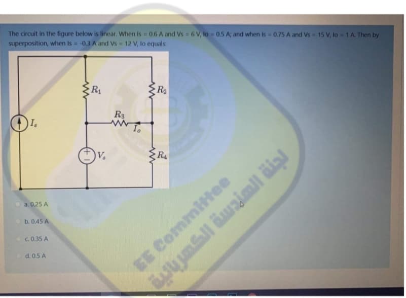 The circuit in the figure below is linear. When is 0.6 A and Vs 6 V, lo 0.5 A; and when is 0.75A and Vs = 15 V, lo -1A. Then by
superposition, when Is= -0.3 A and Vs 12 V, lo equals:
R1
R2
R3
I,
V.
R4
a. 0.25 A
O b. 0.45 A
OC.0.35 A
d. 0.5 A
EE Committee
