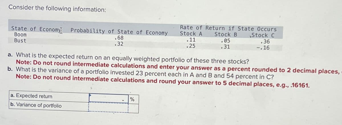 Consider the following information:
State of Economy Probability of State of Economy
Boom
Bust
.68
.32
a. Expected return
b. Variance of portfolio
Rate of Return if State Occurs
Stock A Stock B
Stock C
.36
-.16
%
11
.25
a. What is the expected return on an equally weighted portfolio of these three stocks?
Note: Do not round intermediate calculations and enter your answer as a percent rounded to 2 decimal places,
b. What is the variance of a portfolio invested 23 percent each in A and B and 54 percent in C?
Note: Do not round intermediate calculations and round your answer to 5 decimal places, e.g., .16161.
.05
.31