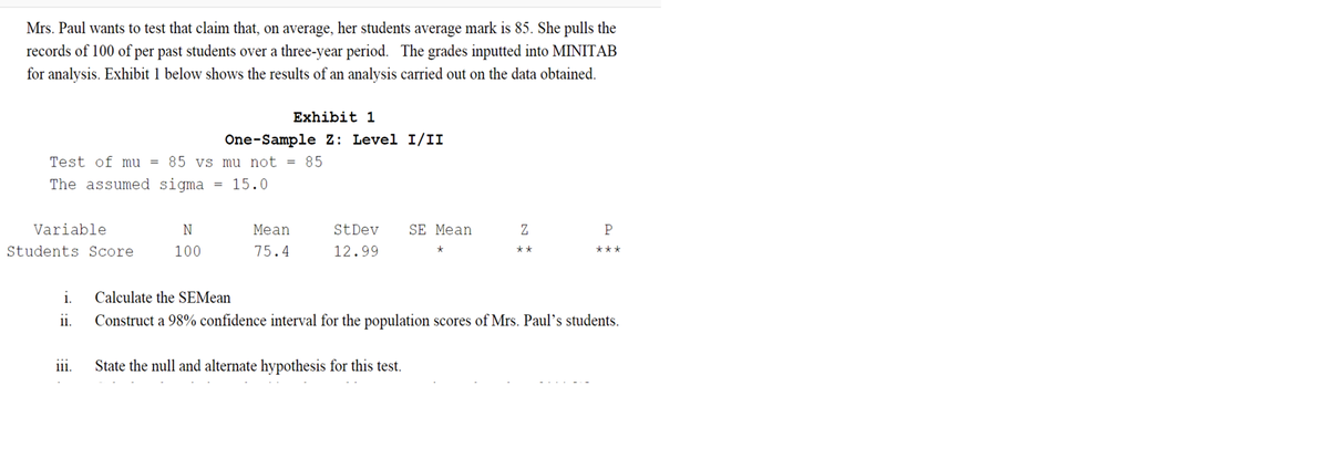 Mrs. Paul wants to test that claim that, on average, her students average mark is 85. She pulls the
records of 100 of per past students over a three-year period. The grades inputted into MINITAB
for analysis. Exhibit 1 below shows the results of an analysis carried out on the data obtained.
Exhibit 1
One-Sample Z: Level I/II
Test of mu = 85 vs mu not = 85
The assumed sigma = 15.0
Variable
N
Mean
StDev
SE Mean
Students Score
100
75.4
12.99
**
***
i.
Calculate the SEMean
11.
Construct a 98% confidence interval for the population scores of Mrs. Paul’s students.
iii.
State the null and alternate hypothesis for this test.
