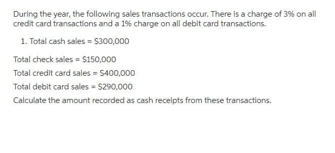 During the year, the following sales transactions occur. There is a charge of 3% on all
credit card transactions and a 1% charge on all debit card transactions.
1. Total cash sales = $300,000
Total check sales = $150,000
Total credit card sales = $400,000
Total debit card sales = $290,000
Calculate the amount recorded as cash receipts from these transactions.